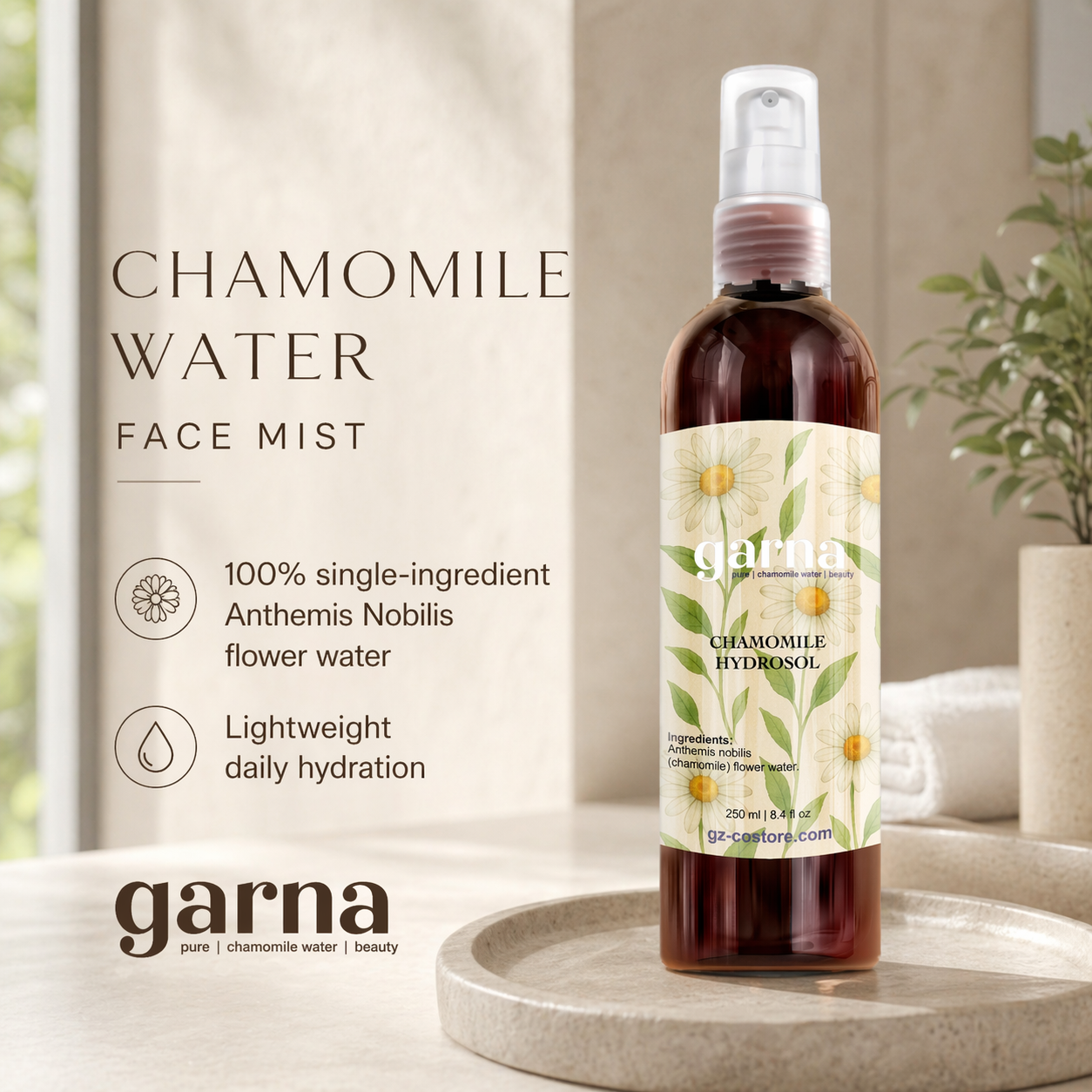 Chamomile Water Face Mist Spray 250 mL (8.4 fl oz) – Floral Hydrosol for Face & Hair, Lightweight Daily Mist