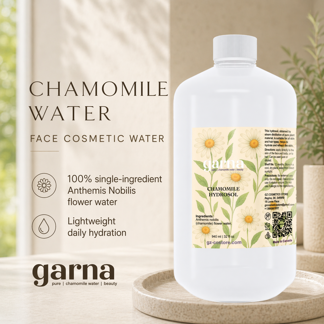Chamomile Water Hydrosol 32 fl oz (946 mL) – Herbal Botanical Water for Face & Hair, Bulk Size for DIY Skincare & Refill Use