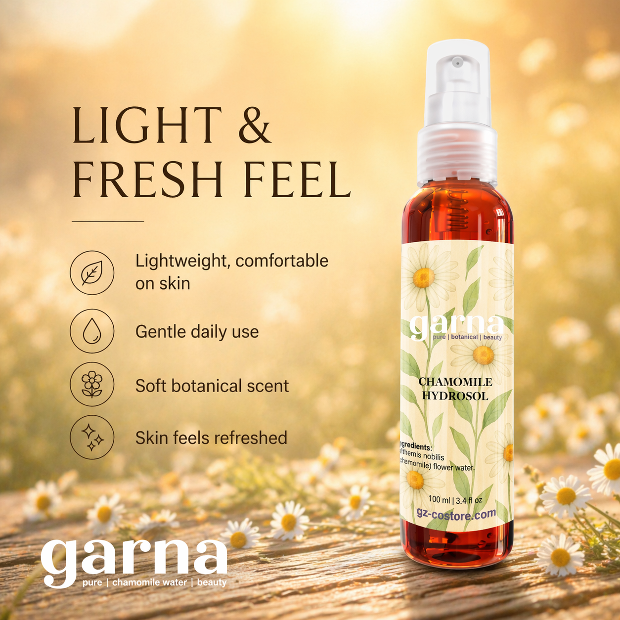 Brume hydrolat de camomille de Garna – brume botanique légère pour le visage et les cheveux