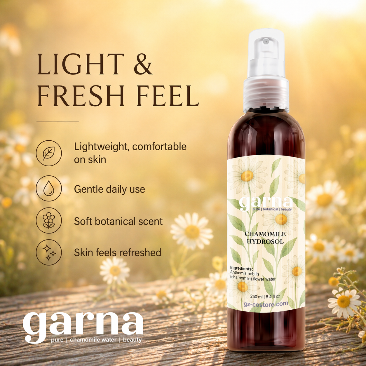 Chamomile Water Face Mist Spray 250 mL (8.4 fl oz) – Floral Hydrosol for Face & Hair, Lightweight Daily Mist