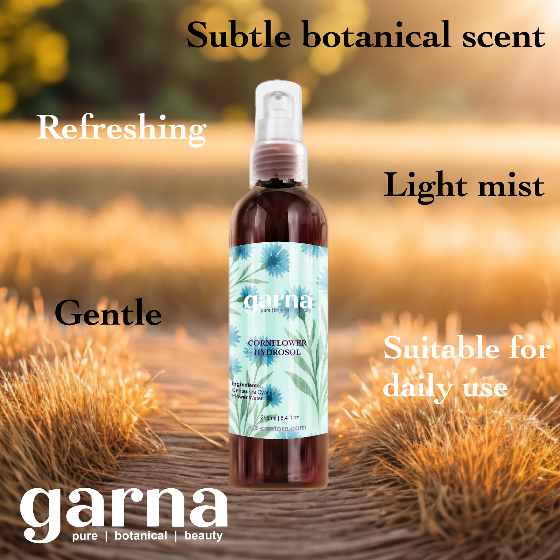 Cornflower Hydrosol Mist 250ml for Face & Hair by Garna, botanical product photo