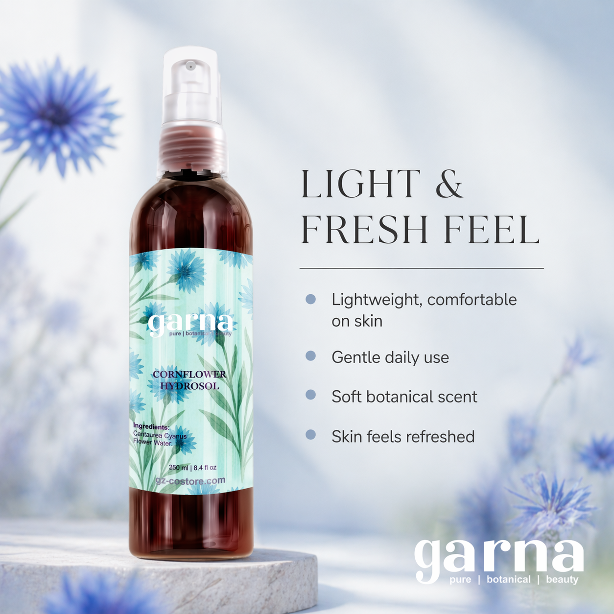 Cornflower Water Face Mist Spray 250 mL (8.4 fl oz) – Floral Hydrosol for Face & Hair, Lightweight Daily Mist