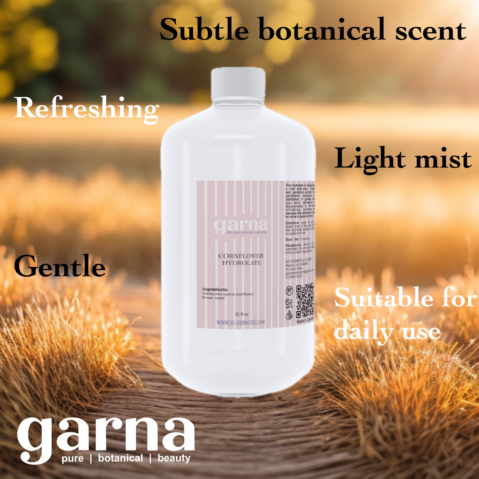 Cornflower Hydrosol Hydrosol Water by Garna, 32 oz (940 ml) bottle, botanical hydrosol water