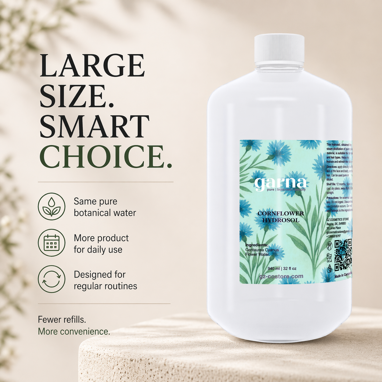 Cornflower Water Hydrosol 32 fl oz (946 mL) – Herbal Botanical Water for Face & Hair, Bulk Size for DIY Skincare & Refill Use