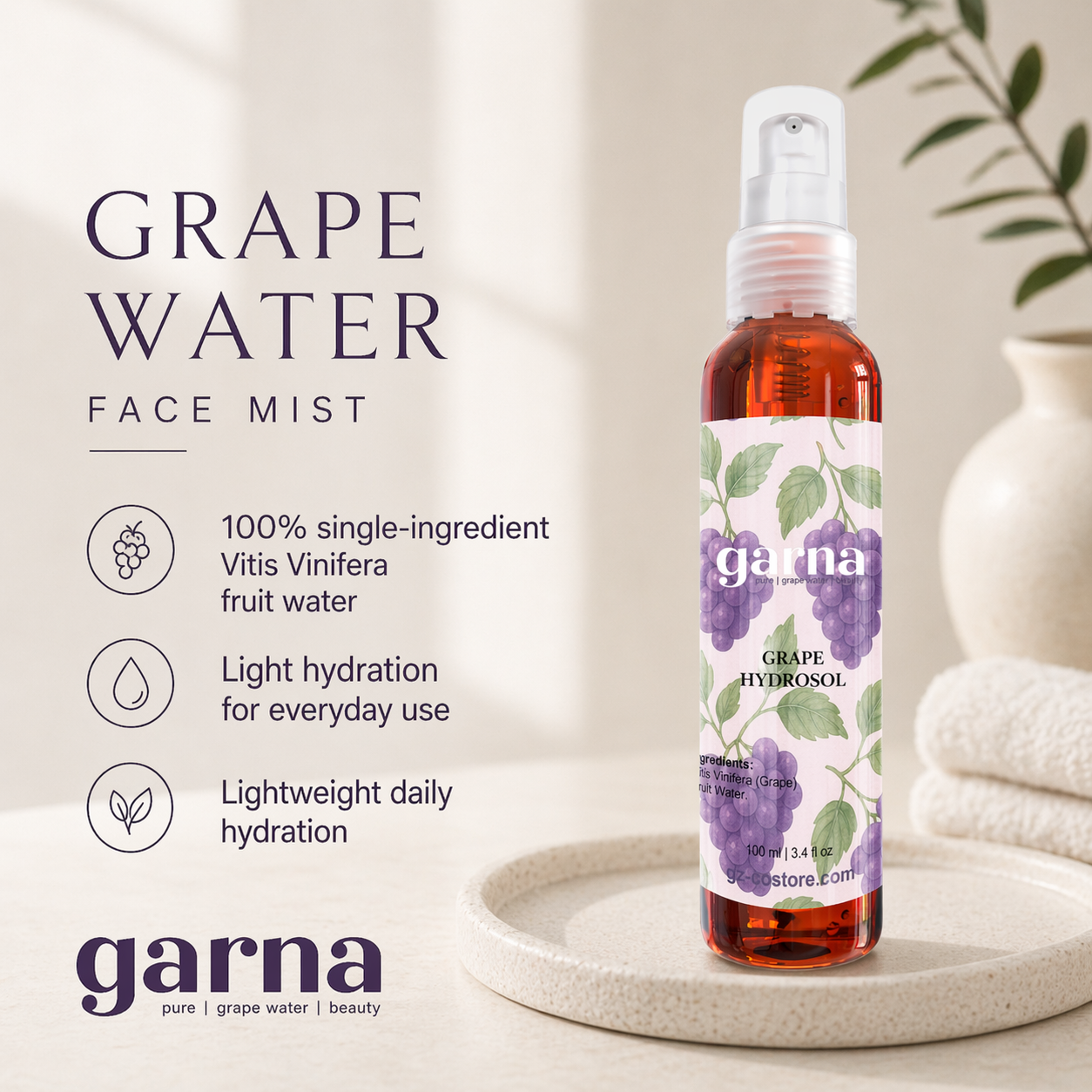 Grape Water 100 ml Hydrosol Mist by Garna – refreshing botanical mist for daily face