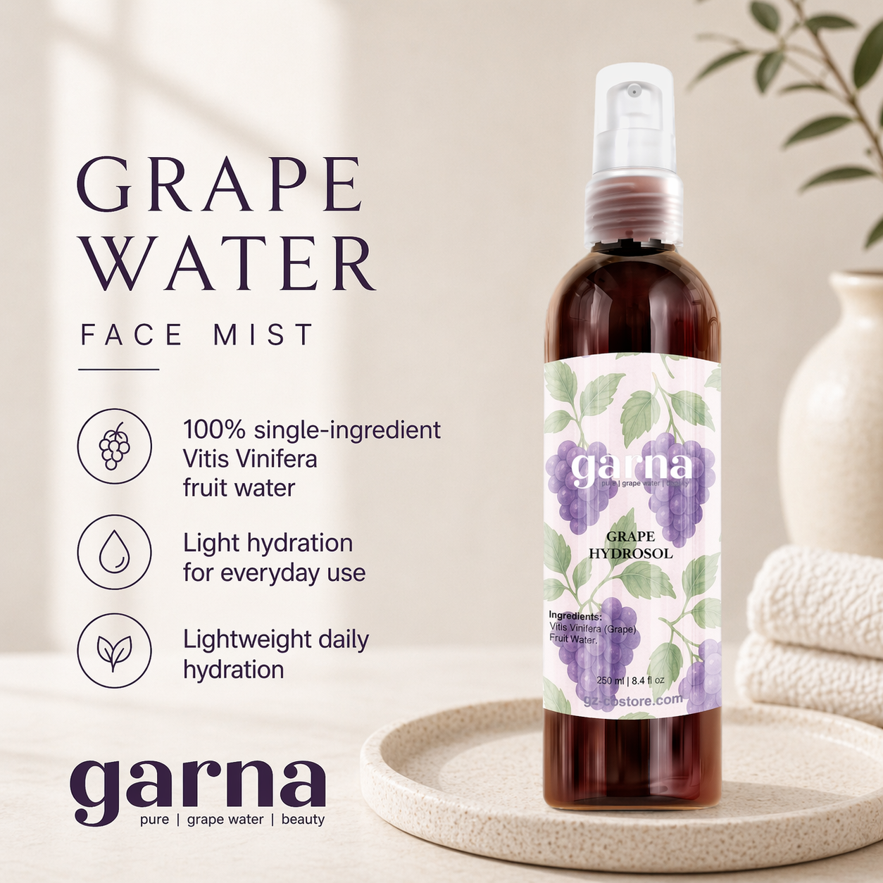 Grape Water Face Mist Spray 250 mL (8.4 fl oz) – Botanical Hydrosol for Face & Hair, Lightweight Daily Mist