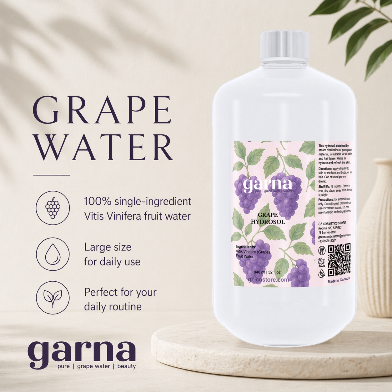 Eau hydrolat de raisin Garna – 946 ml d'eau botanique dans une simple bouteille