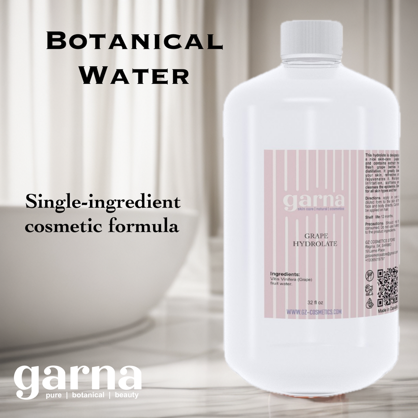 Grape Hydrosol Hydrosol Water by Garna, 32 oz (940 ml) bottle, botanical hydrosol water