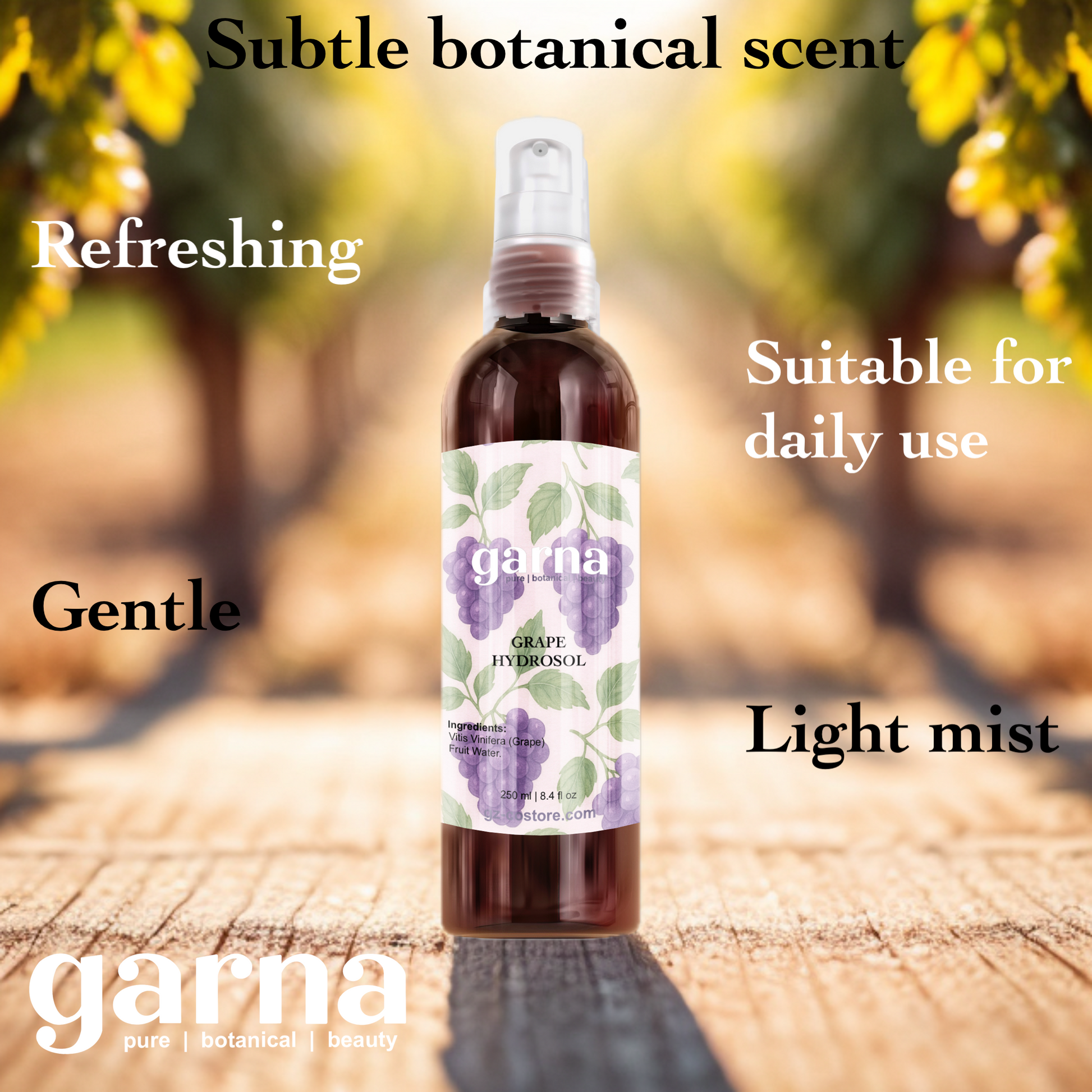 Grape Hydrosol Mist 250ml for Face & Hair by Garna, botanical product photo