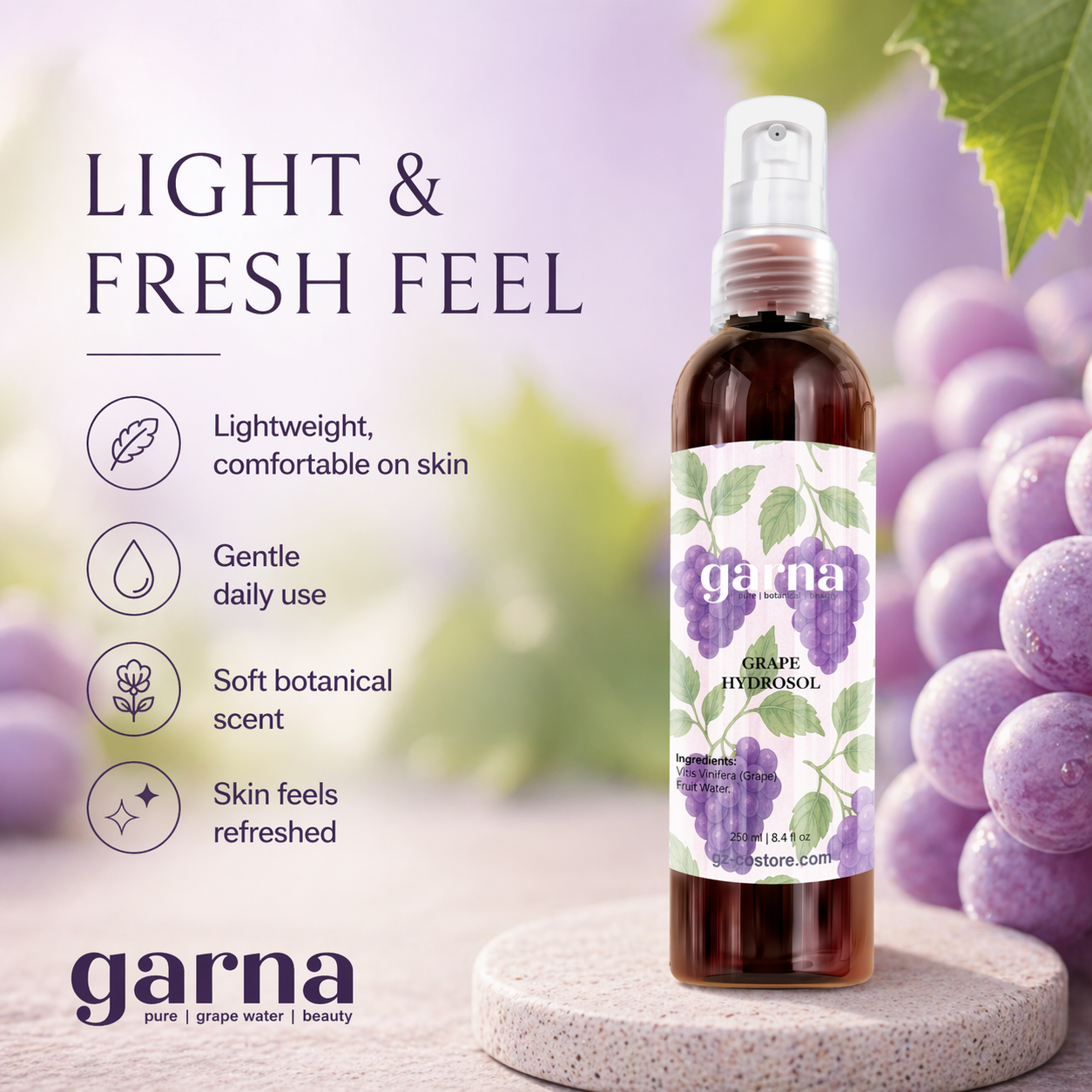 Grape Water Face Mist Spray 250 mL (8.4 fl oz) – Botanical Hydrosol for Face & Hair, Lightweight Daily Mist