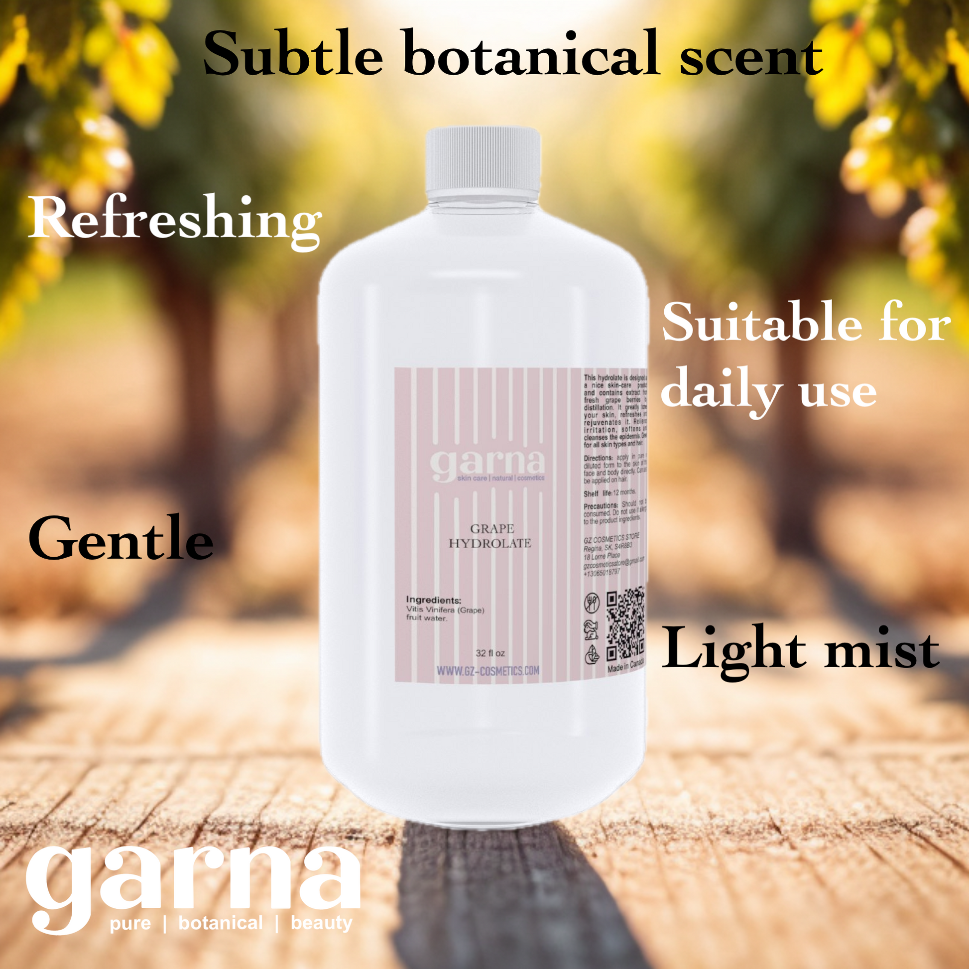 Grape Hydrosol Hydrosol Water by Garna, 32 oz (940 ml) bottle, botanical hydrosol water