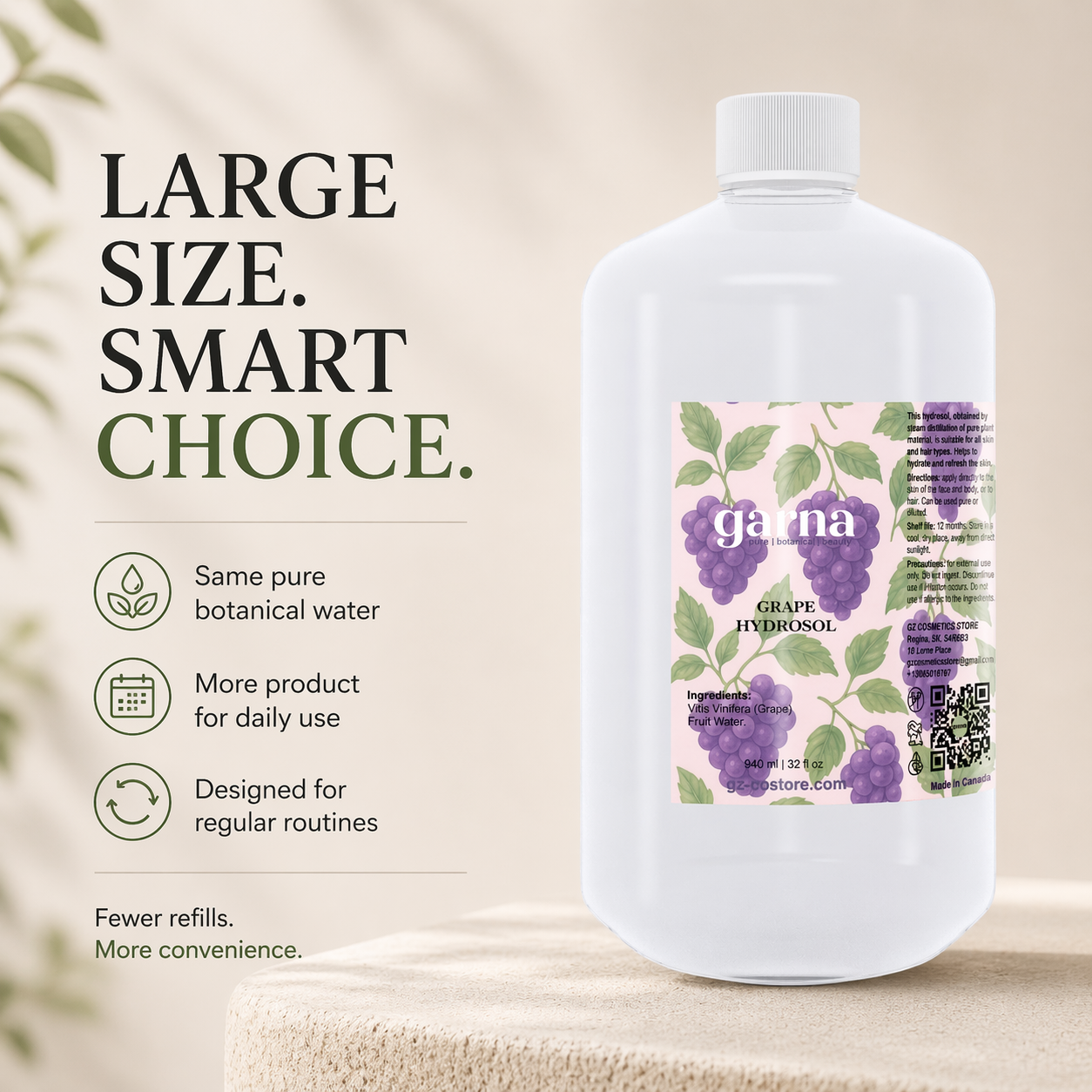 Eau hydrolat de raisin Garna – 946 ml d'eau botanique dans une simple bouteille