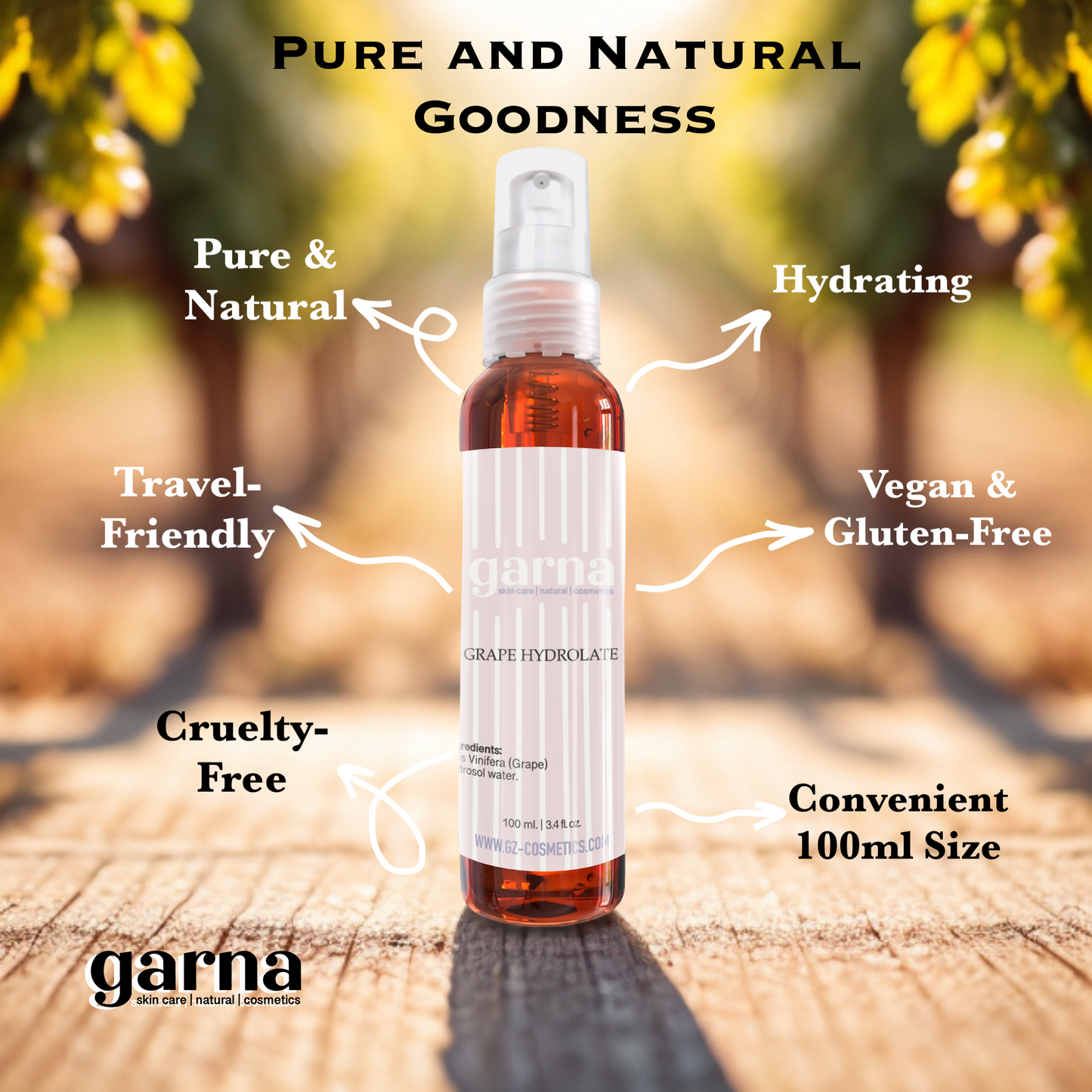 Garna Grape Fruit Water 3.4 fl oz: Natural Hydrating Toner Spray for Skin & Hair