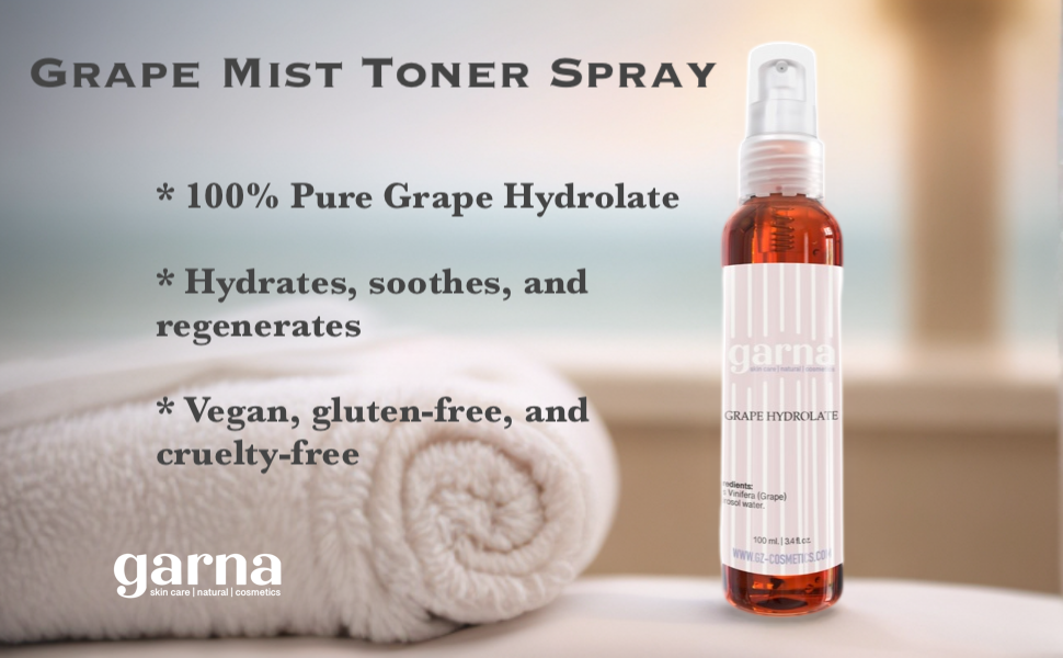 Garna Grape Fruit Water 3.4 fl oz: Natural Hydrating Toner Spray for Skin & Hair