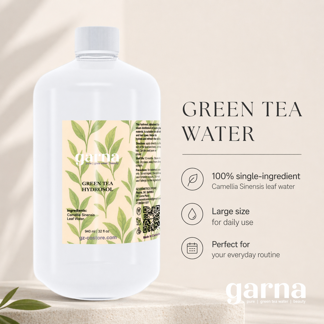 Green Tea Water Hydrosol 32 fl oz (946 mL) – Herbal Botanical Water for Face & Hair, Bulk Size for DIY Skincare & Refill Use
