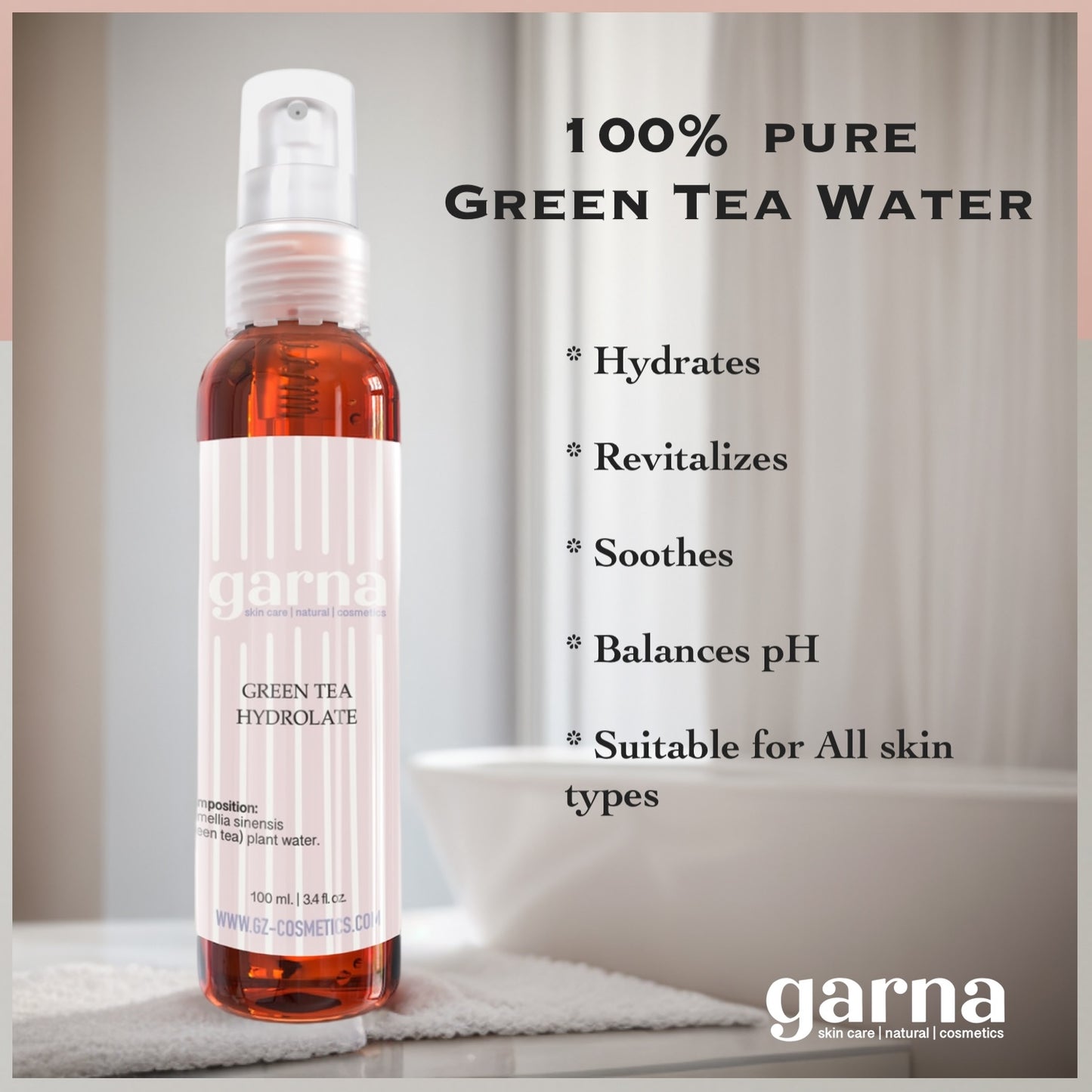 Garna Green Tea Leaf Water 3.4 fl oz, Pore-Control Face & Hair Toner Spray