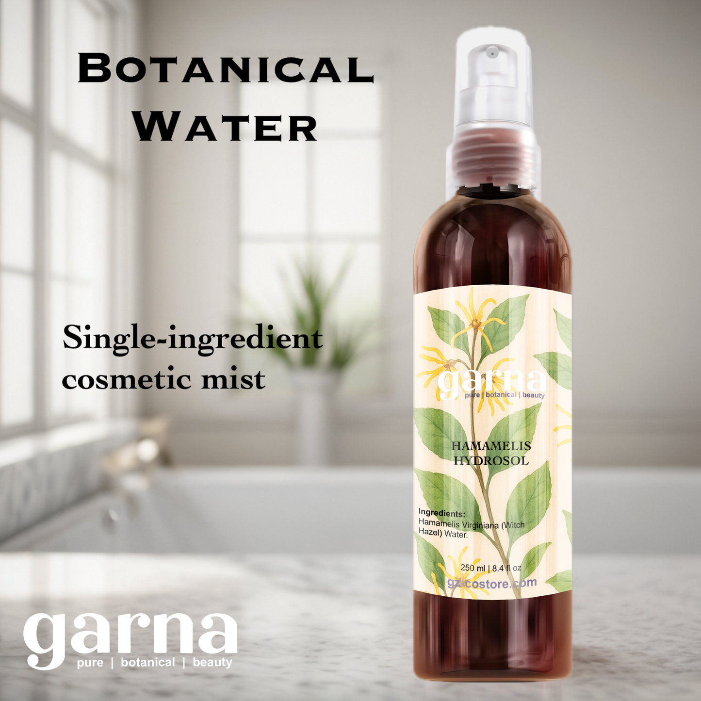 Witch Hazel Hydrosol Mist 250ml for Face & Hair by Garna, botanical product photo