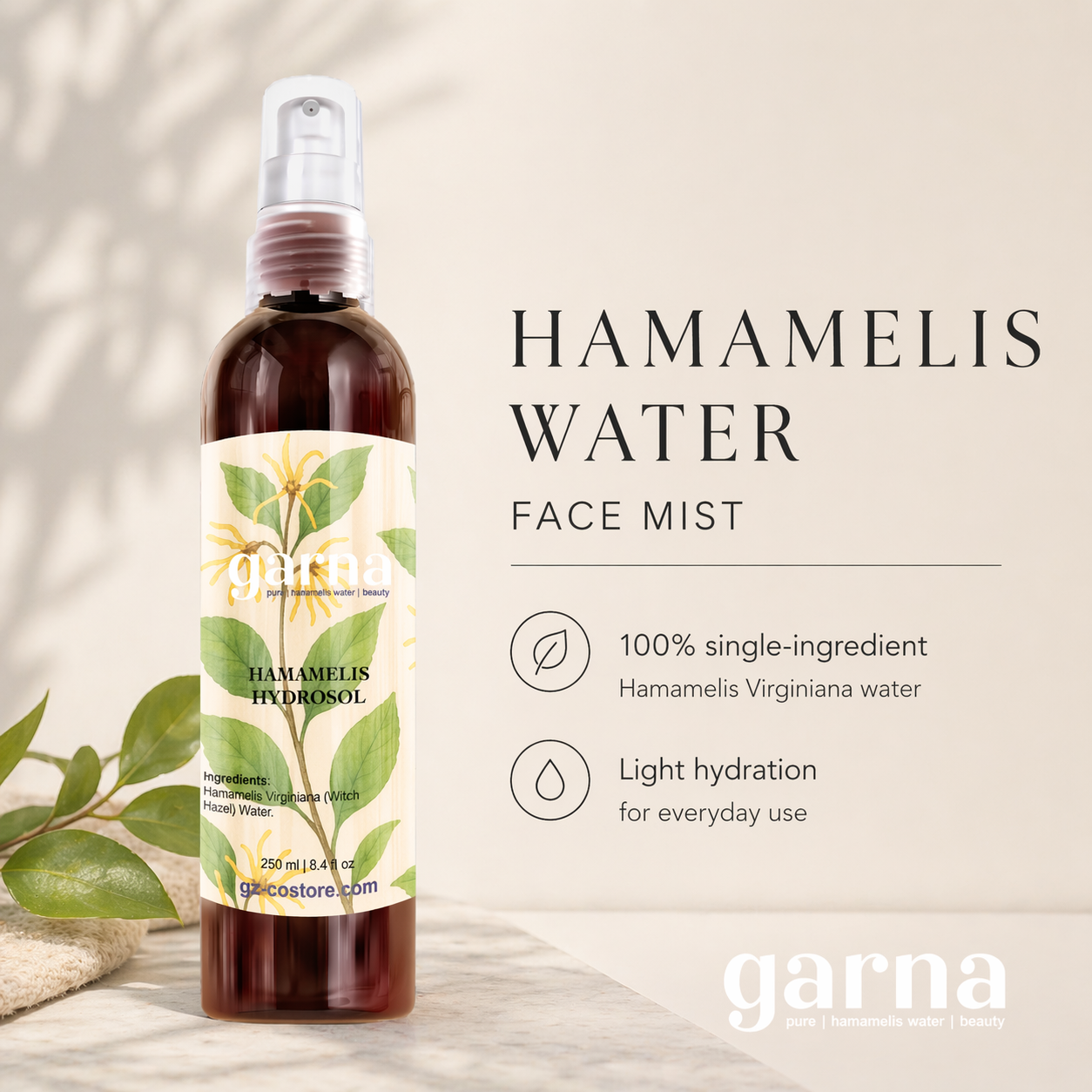 Witch Hazel Water Face Mist Spray 250 mL (8.4 fl oz) – Hydrosol Toner Mist for Face, Lightweight Daily Use