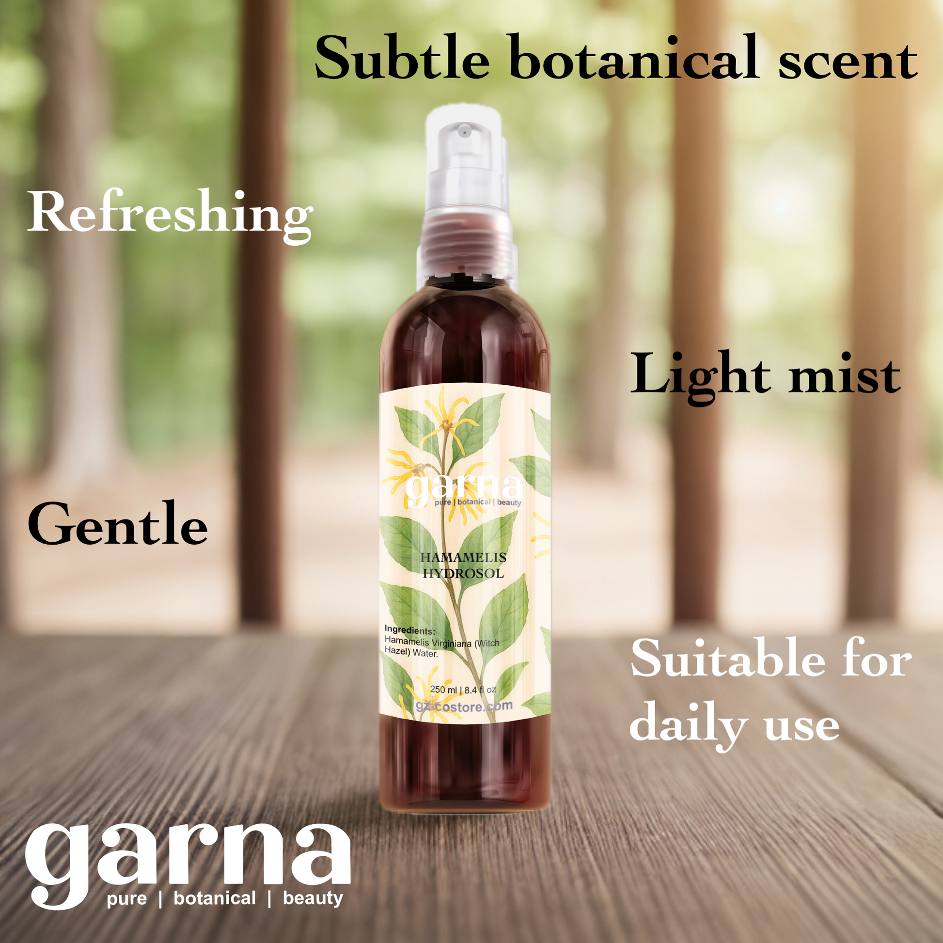 Witch Hazel Hydrosol Mist 250ml for Face & Hair by Garna, botanical product photo