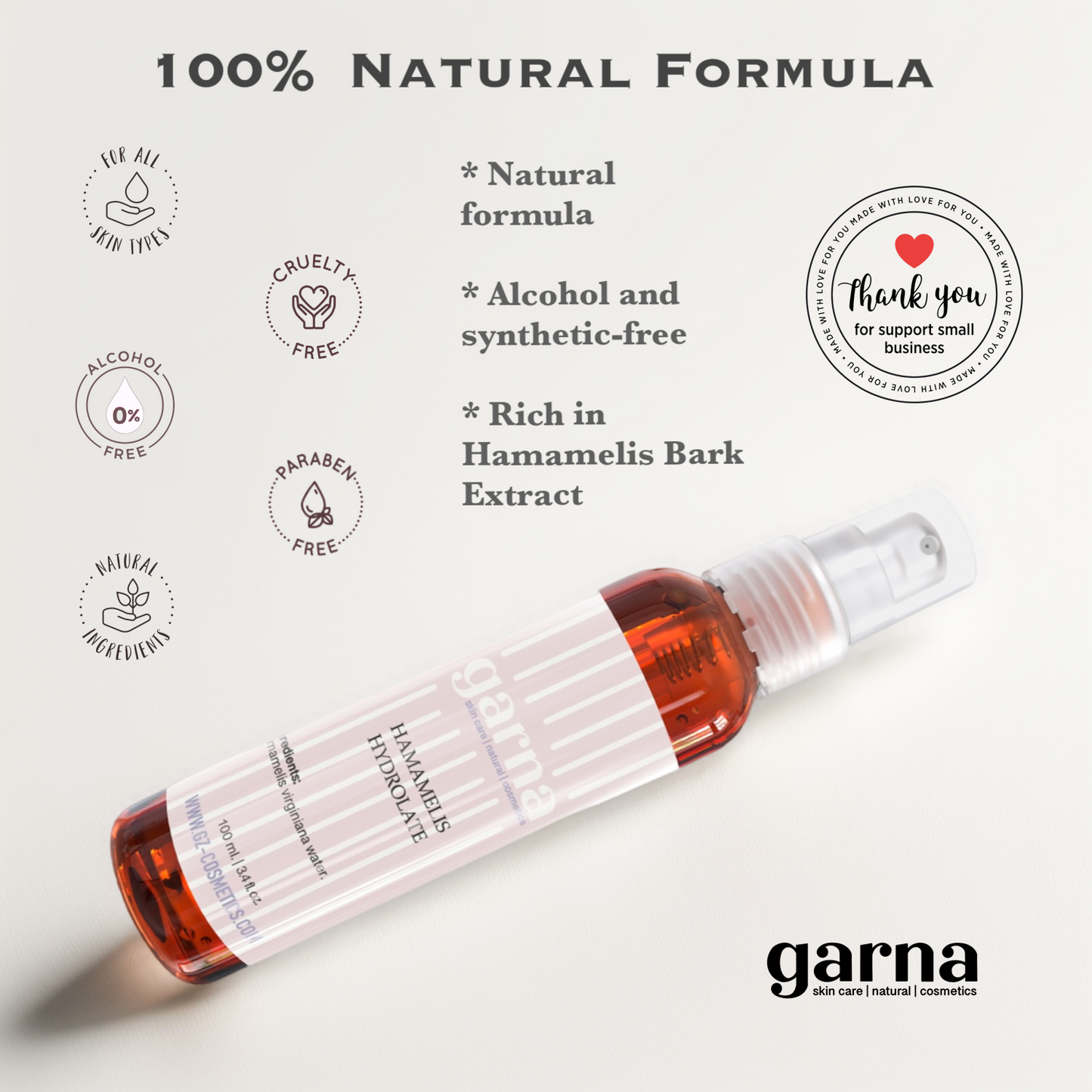 Garna Witch Hazel Leaf Water 100ml: Hamamelis Hydrosol Alcohol-Free Facial Spray