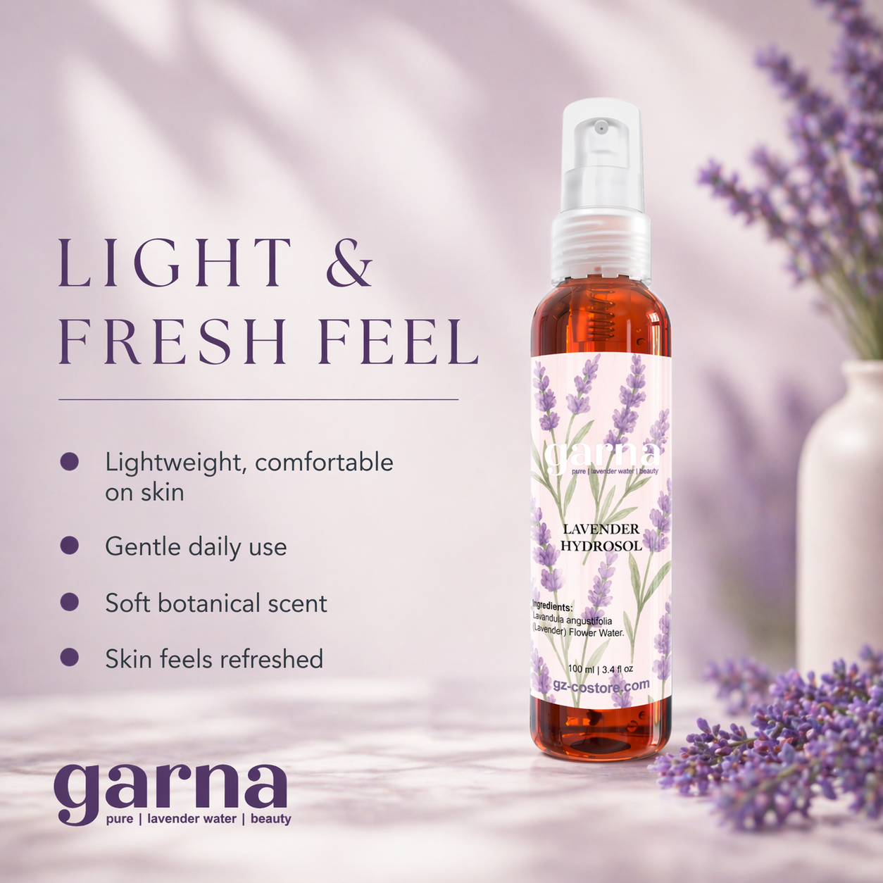 Brume d'hydrolat de lavande de Garna – brume florale douce pour le visage et les cheveux