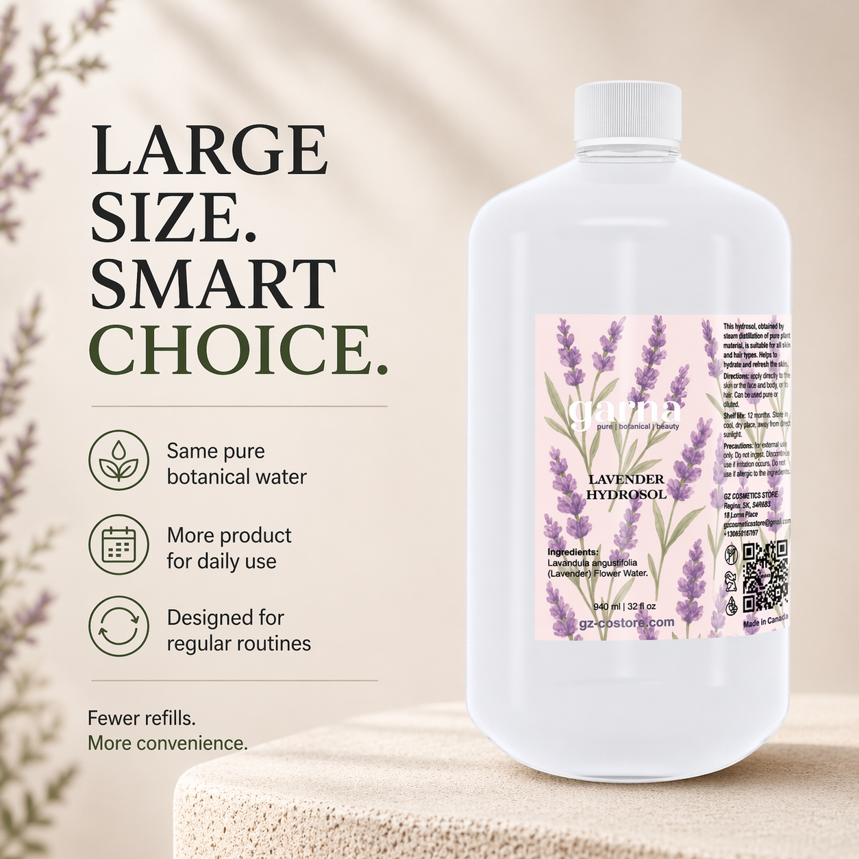 Lavender Water Hydrosol 32 fl oz (946 mL) – Herbal Botanical Water for Face & Hair, Bulk Size for DIY Skincare & Refill Use
