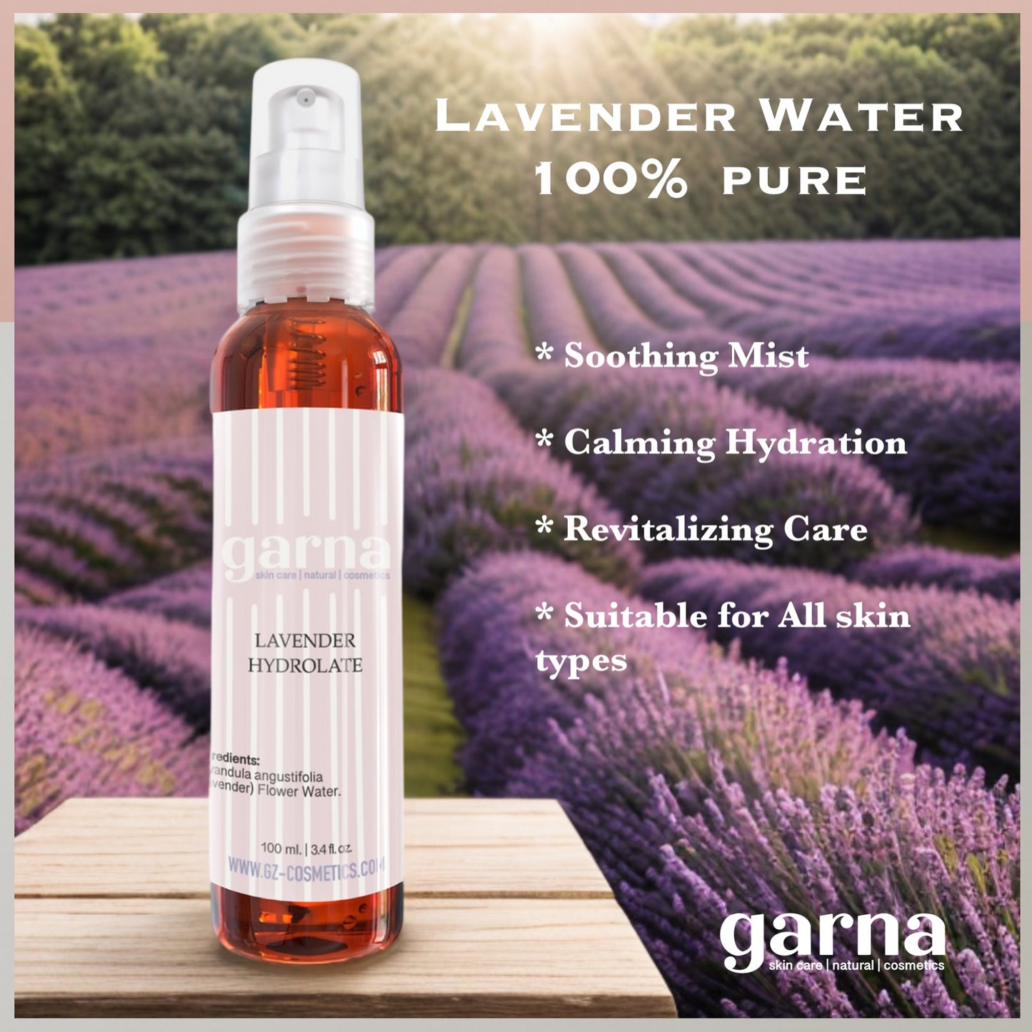 Garna Lavender Flower Water 3.4 fl oz - Hydrolate Spray for Skin & Hair Care