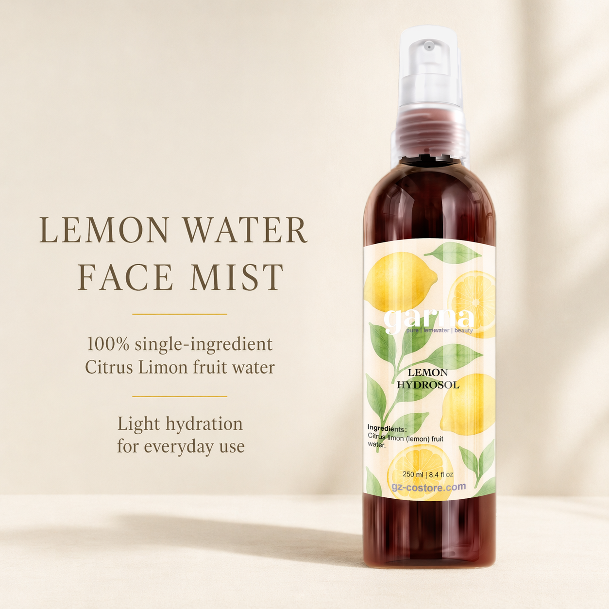 Lemon Water Face Mist Spray 250 mL (8.4 fl oz) – Citrus Hydrosol for Face & Hair, Lightweight Daily Mist