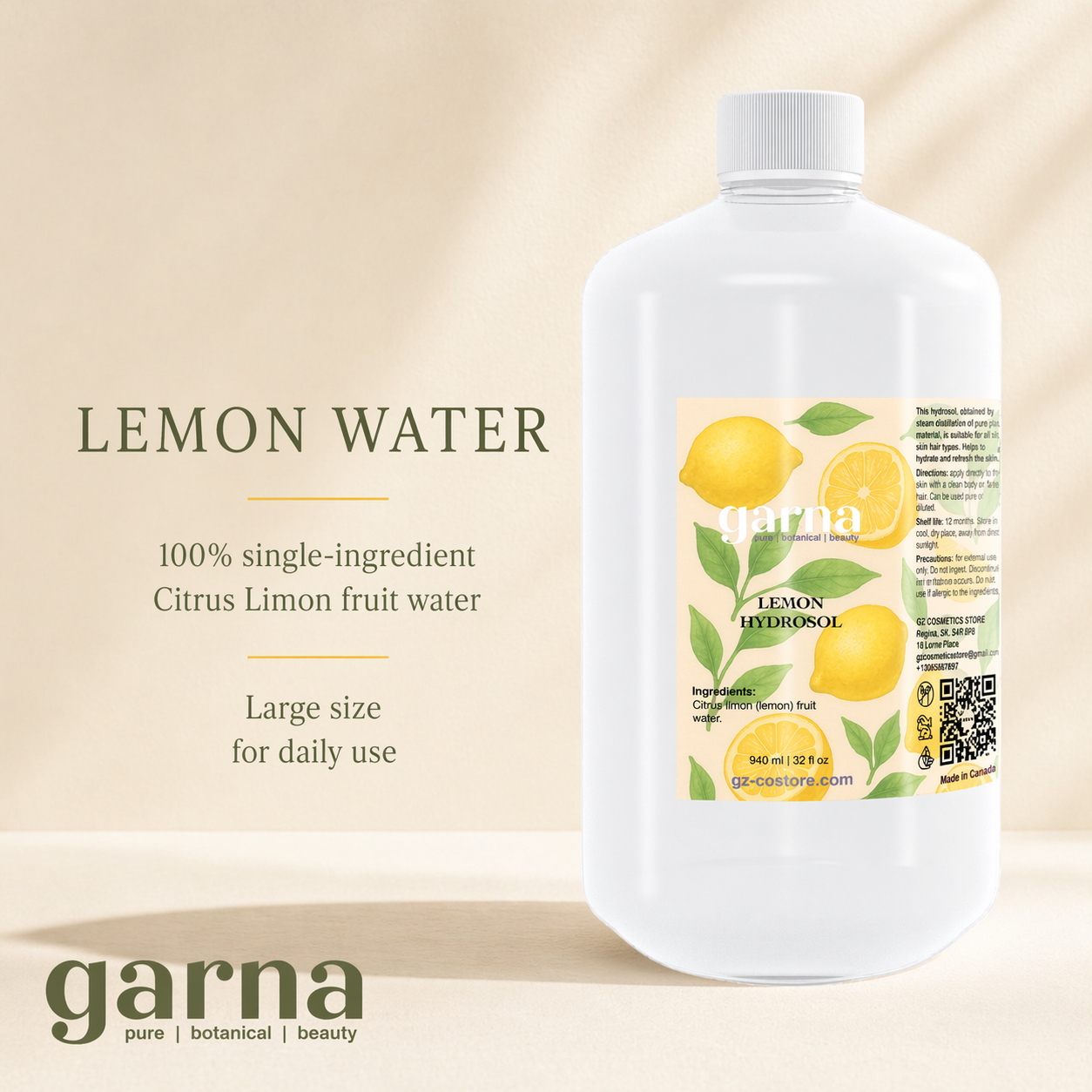 Eau hydrolat de citron de Garna – 946 ml (32 oz) d'eau botanique lumineuse pour un usage quotidien