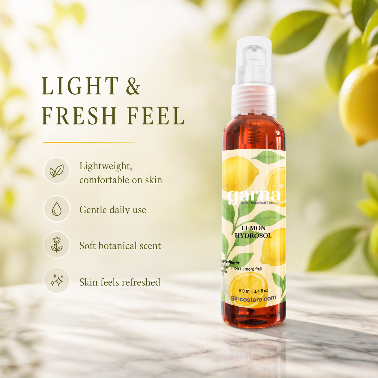 Brume d'hydrolat de citron de Garna – une brume d'agrumes fraîche pour une routine quotidienne facile