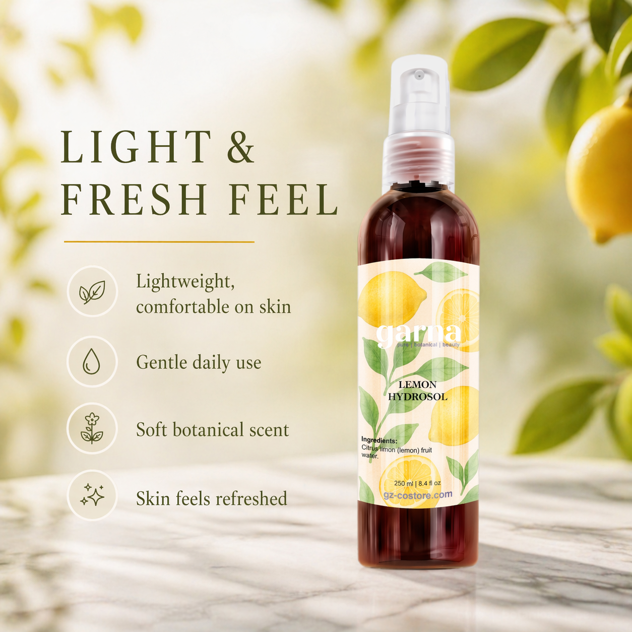 Lemon Water Face Mist Spray 250 mL (8.4 fl oz) – Citrus Hydrosol for Face & Hair, Lightweight Daily Mist