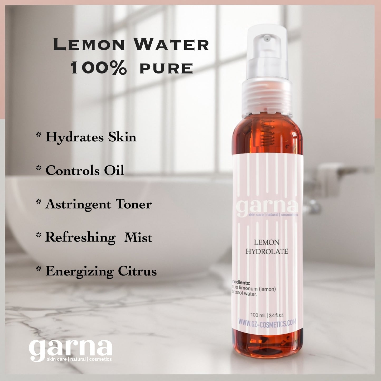 Garna Lemon Fruit Water Spray 3.4 fl oz: Hydrosol Toner for All Skin Types, Hair & Skin Care