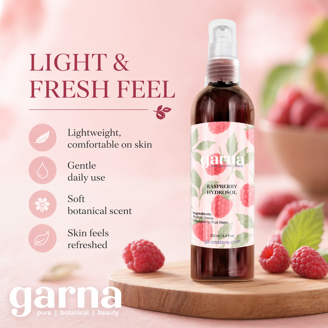 Brume d'hydrolat de framboise de Garna – brume botanique légère pour le visage et les cheveux