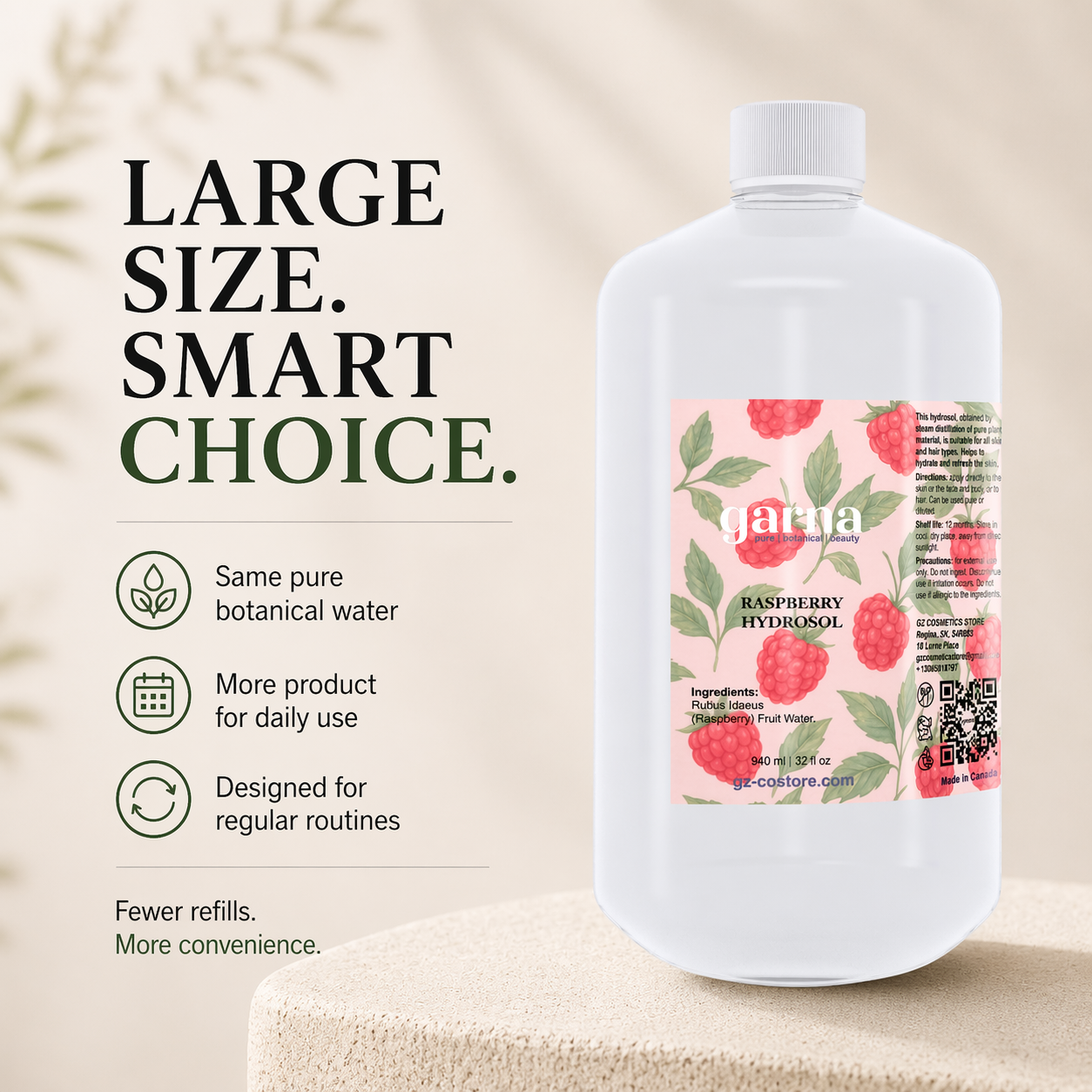 Eau hydrolat de framboise de Garna – 946 ml d'eau botanique dans un flacon simple