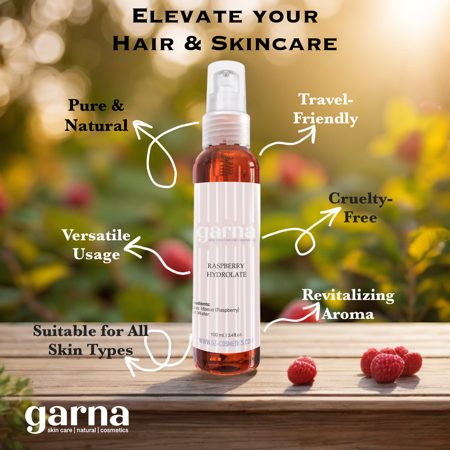 Garna Raspberry Fruit Water 3.4 fl oz - Natural Skin & Hair Toner Spray