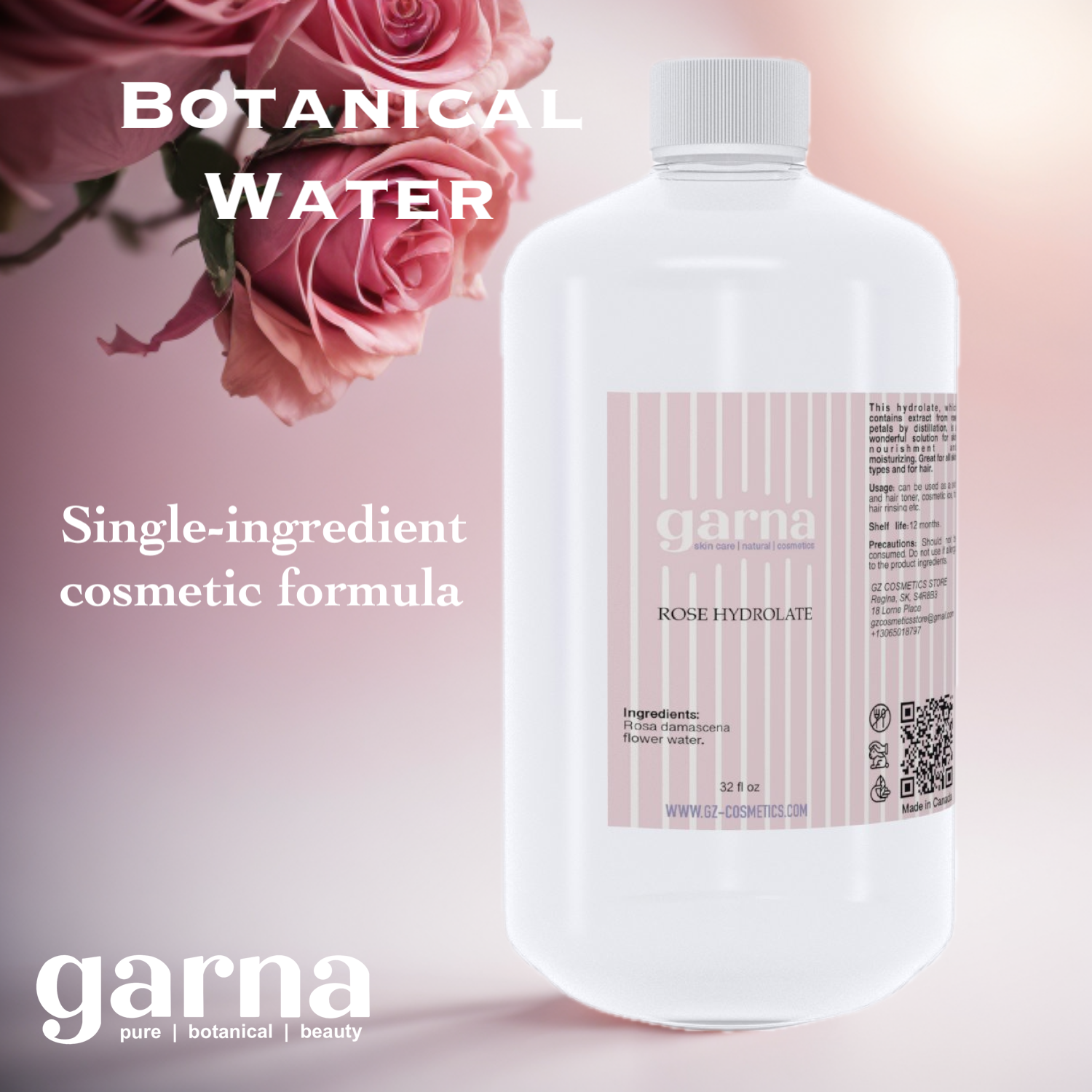 Rose Hydrosol Water by Garna, 32 oz (940 ml) bottle – soft floral aroma, photo 2