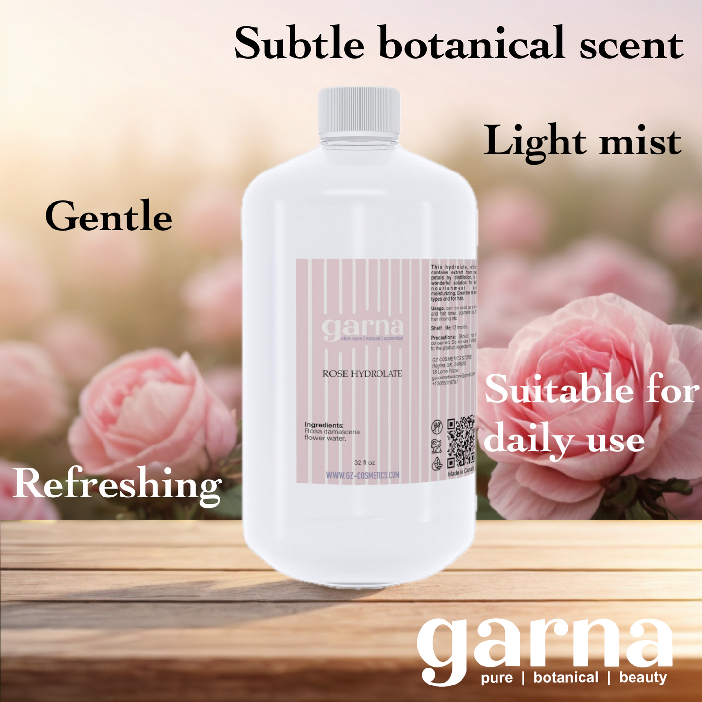 Rose Hydrosol Water by Garna, 32 oz (940 ml) bottle – soft floral aroma, photo 3