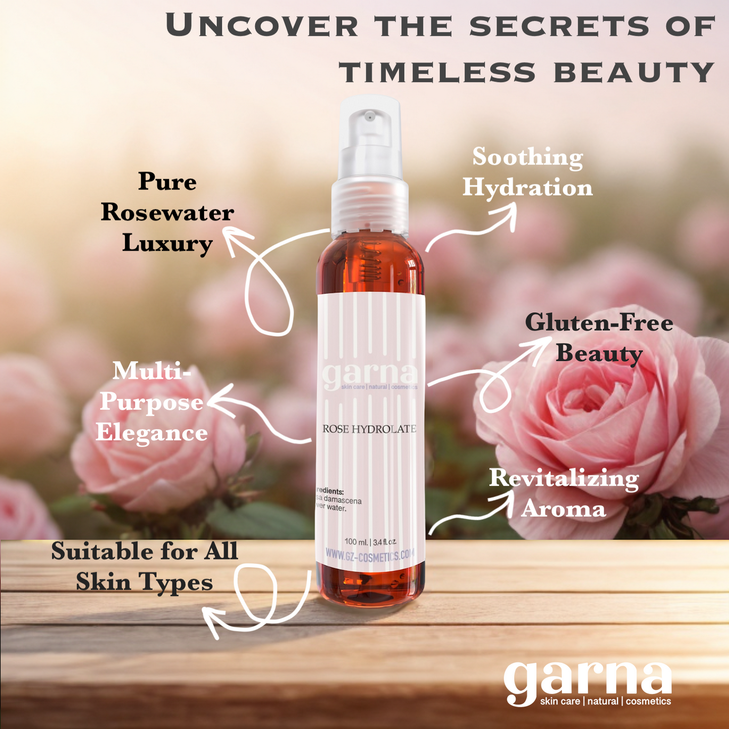 Garna Rose Water Spray 3.4 fl oz: Hydrating Face Toner & Hair Mist