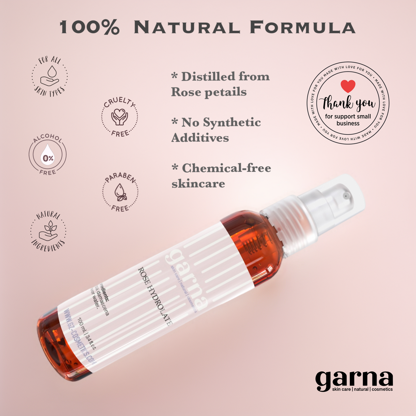 Garna Rose Water Spray 3.4 fl oz: Hydrating Face Toner & Hair Mist