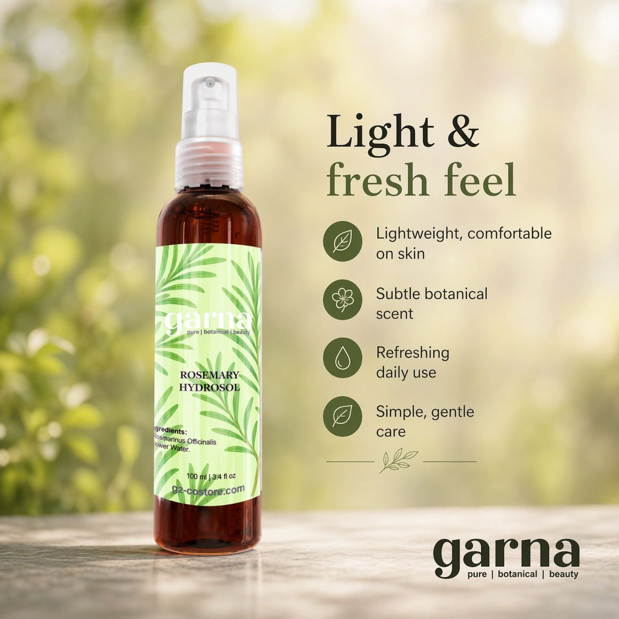 Rosemary Water 100 ml Hydrosol Mist by Garna – light botanical mist for face and hair