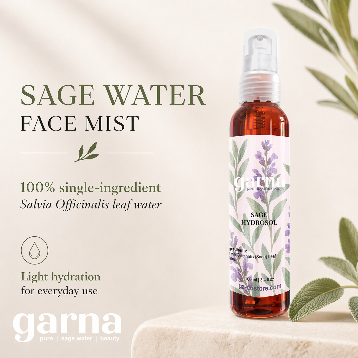 Sage Hydrosol Mist by Garna – Botanical Face & Hair Mist