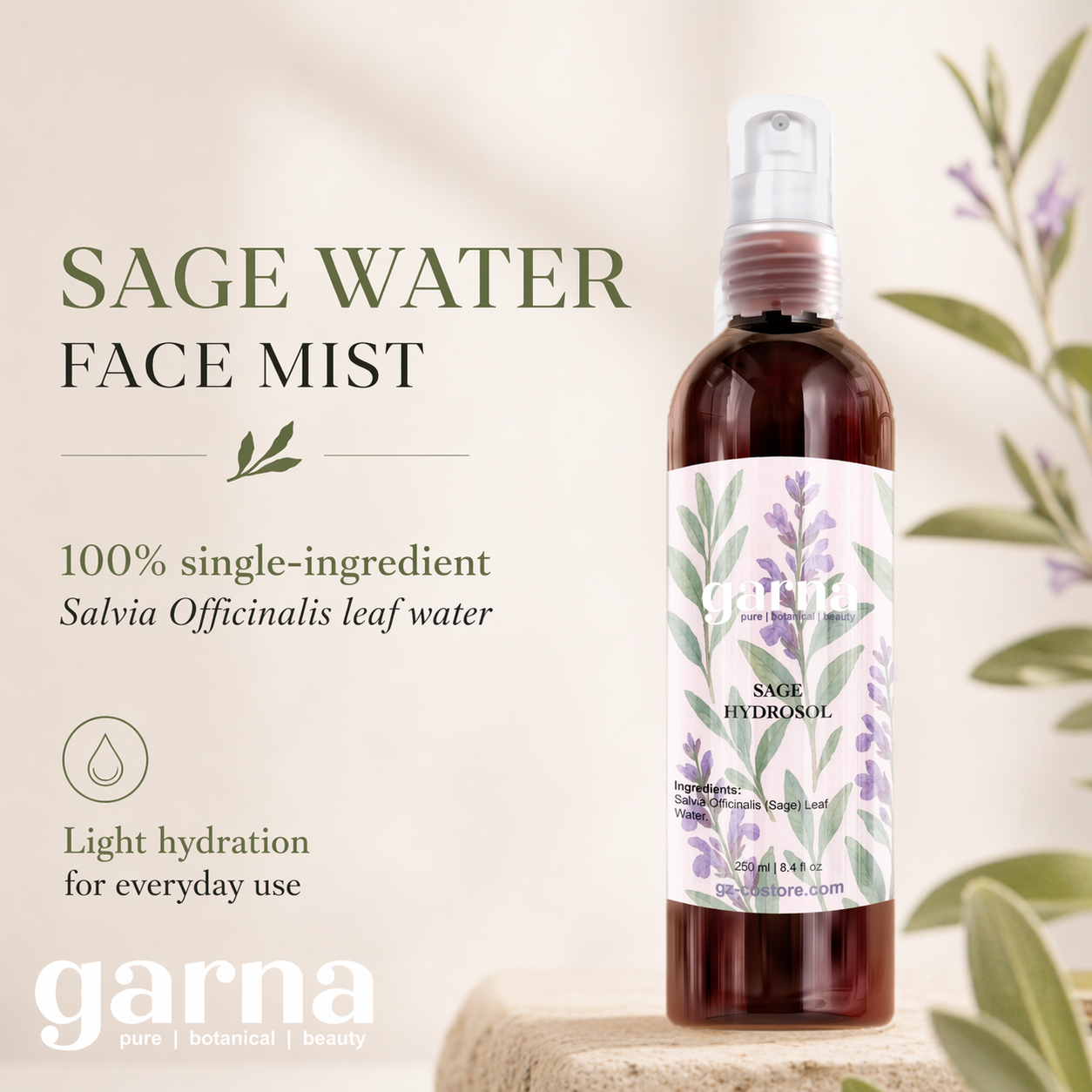 Sage Water Face Mist Spray 250 mL (8.4 fl oz) – Herbal Hydrosol for Face & Hair, Lightweight Daily Mist