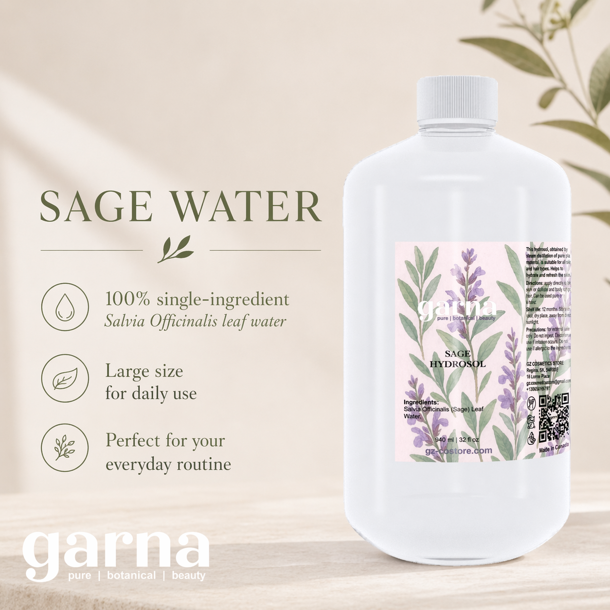 Eau hydrolat de sauge de Garna – 946 ml d'eau botanique dans une simple bouteille