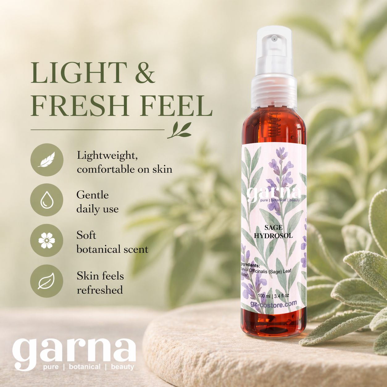 Sage Hydrosol Mist by Garna – Botanical Face & Hair Mist