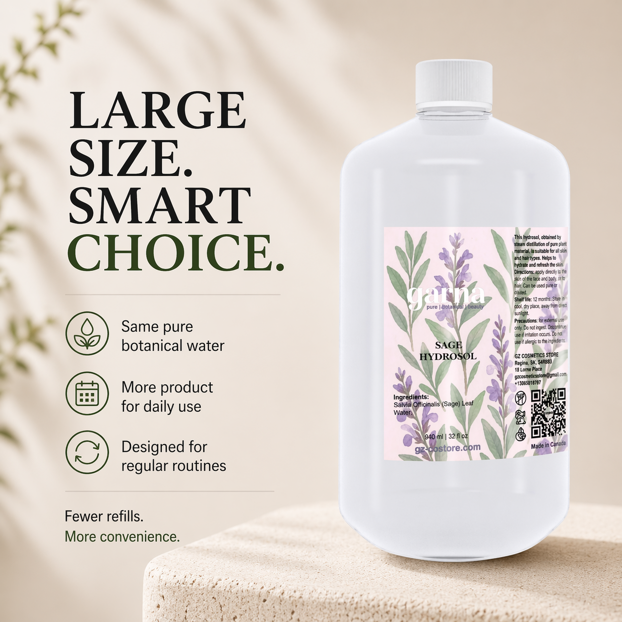 Eau hydrolat de sauge de Garna – 946 ml d'eau botanique dans une simple bouteille
