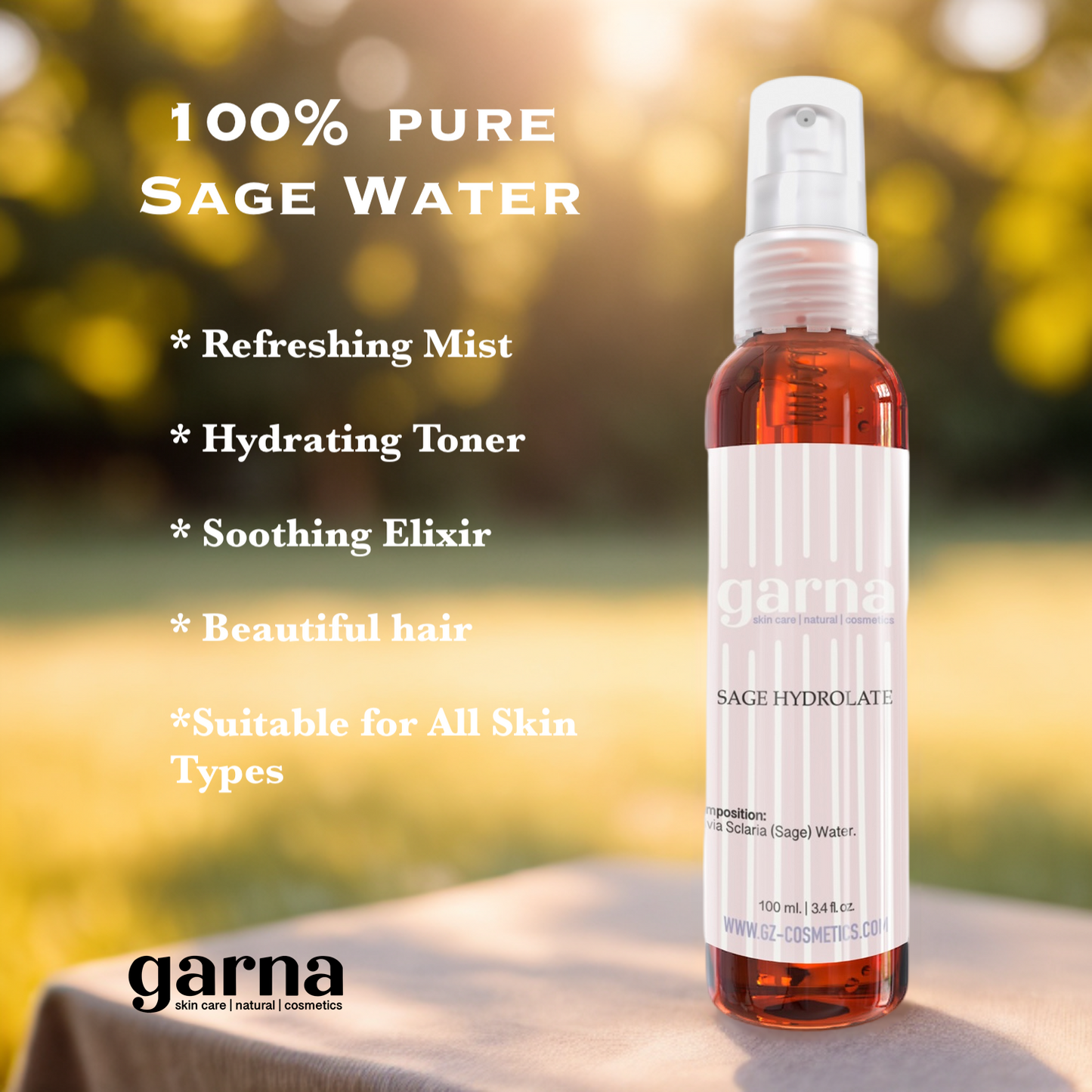 Garna Sage Leaf Water, 3.4 fl oz: Vegan Facial & Hair Tonic for Soothing Hydration