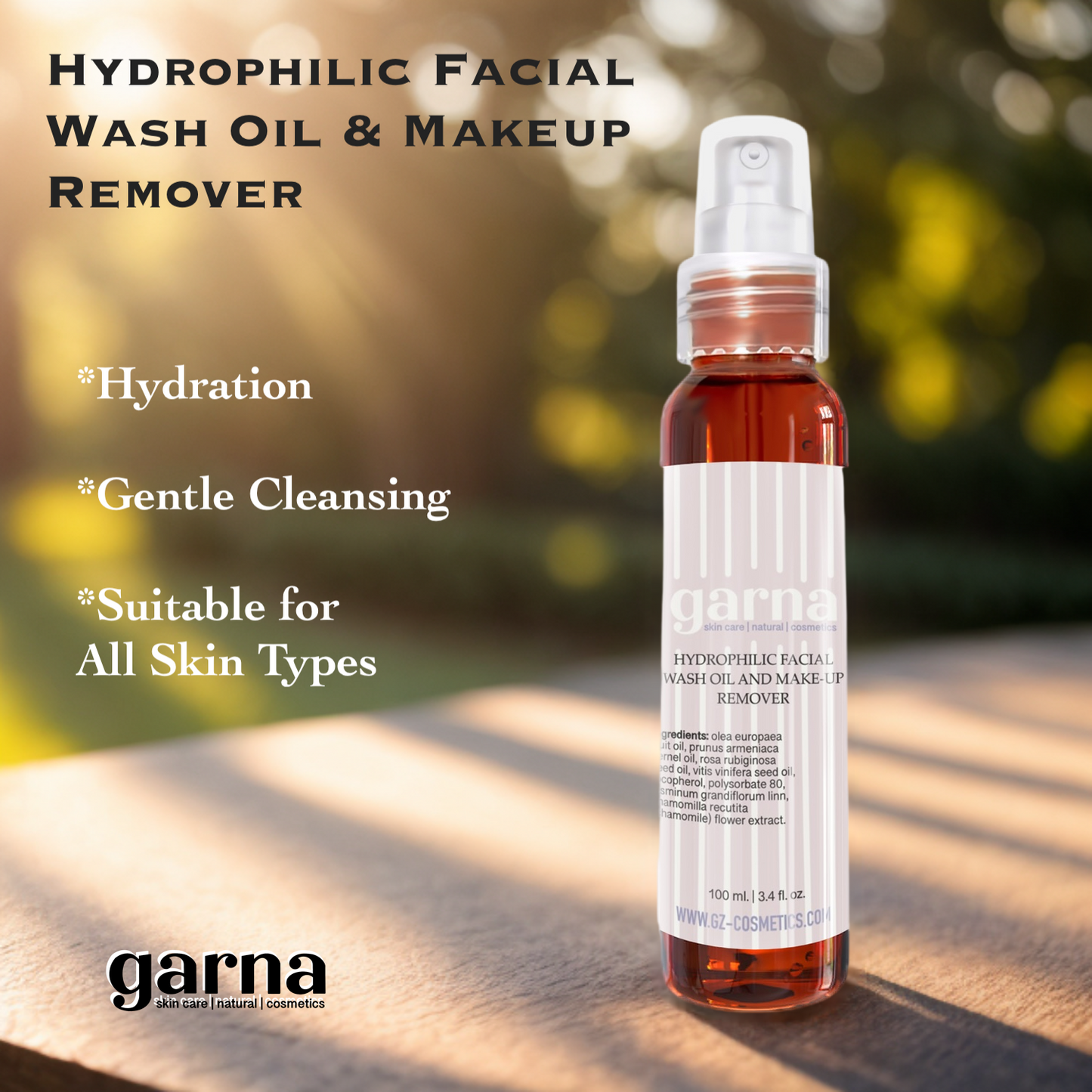 Garna Hydrophilic Facial Wash Oil & Makeup Remover 3.4 fl oz, All Skin Types