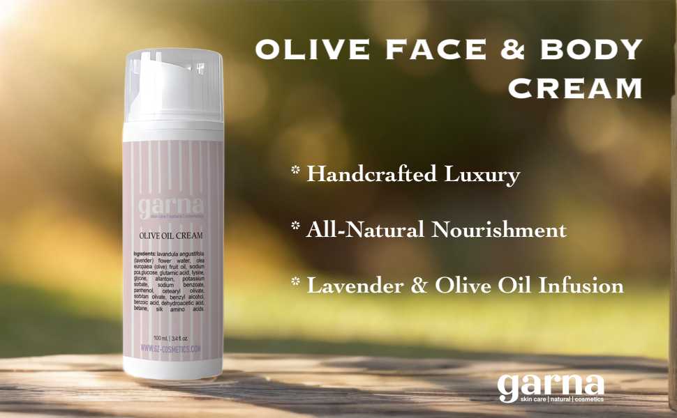 Garna Olive Cream 3.4 fl oz: Moisturizing Facial & Body Cream for All Skin Types, Day & Night Nourishment