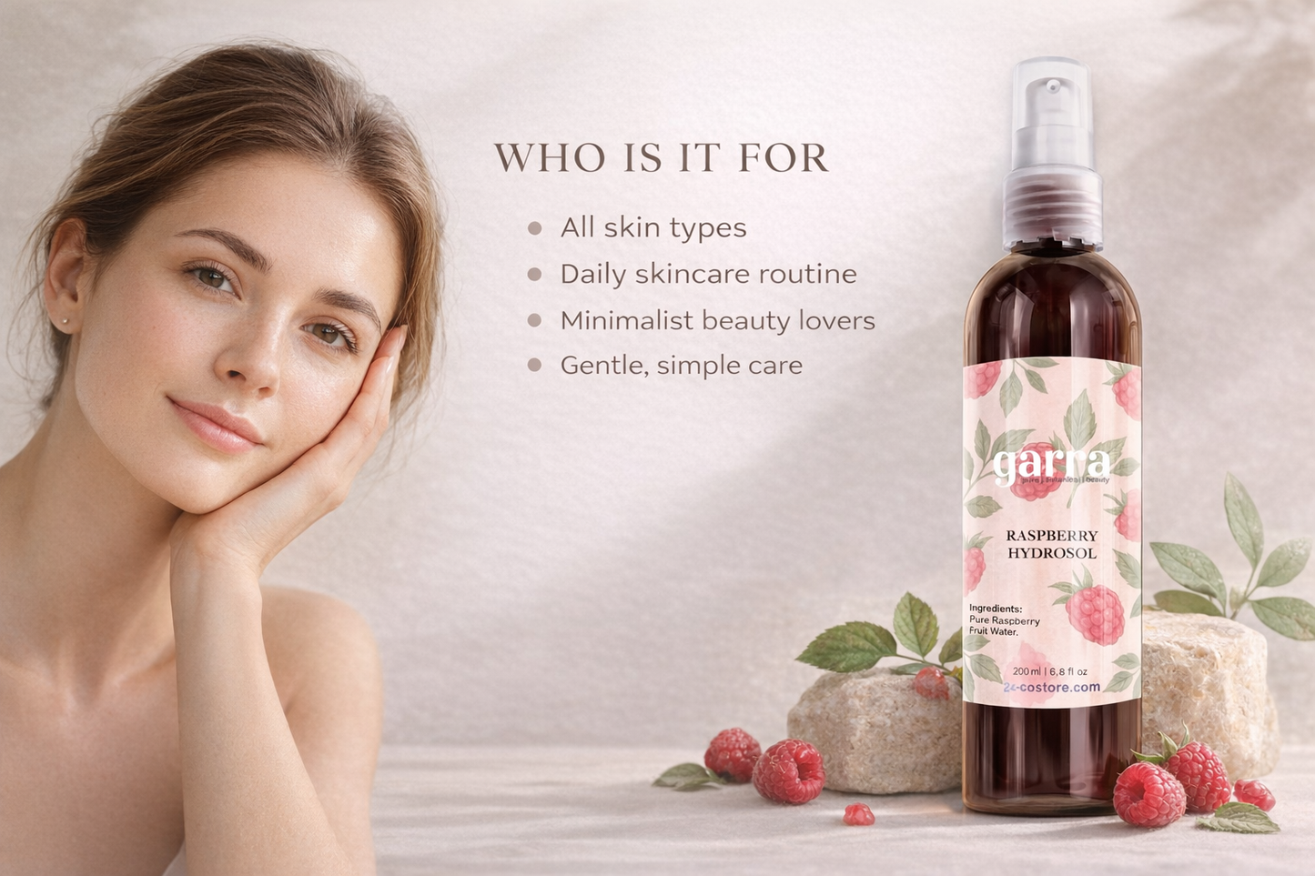 Brume d'hydrolat de framboise de Garna – brume botanique légère pour le visage et les cheveux