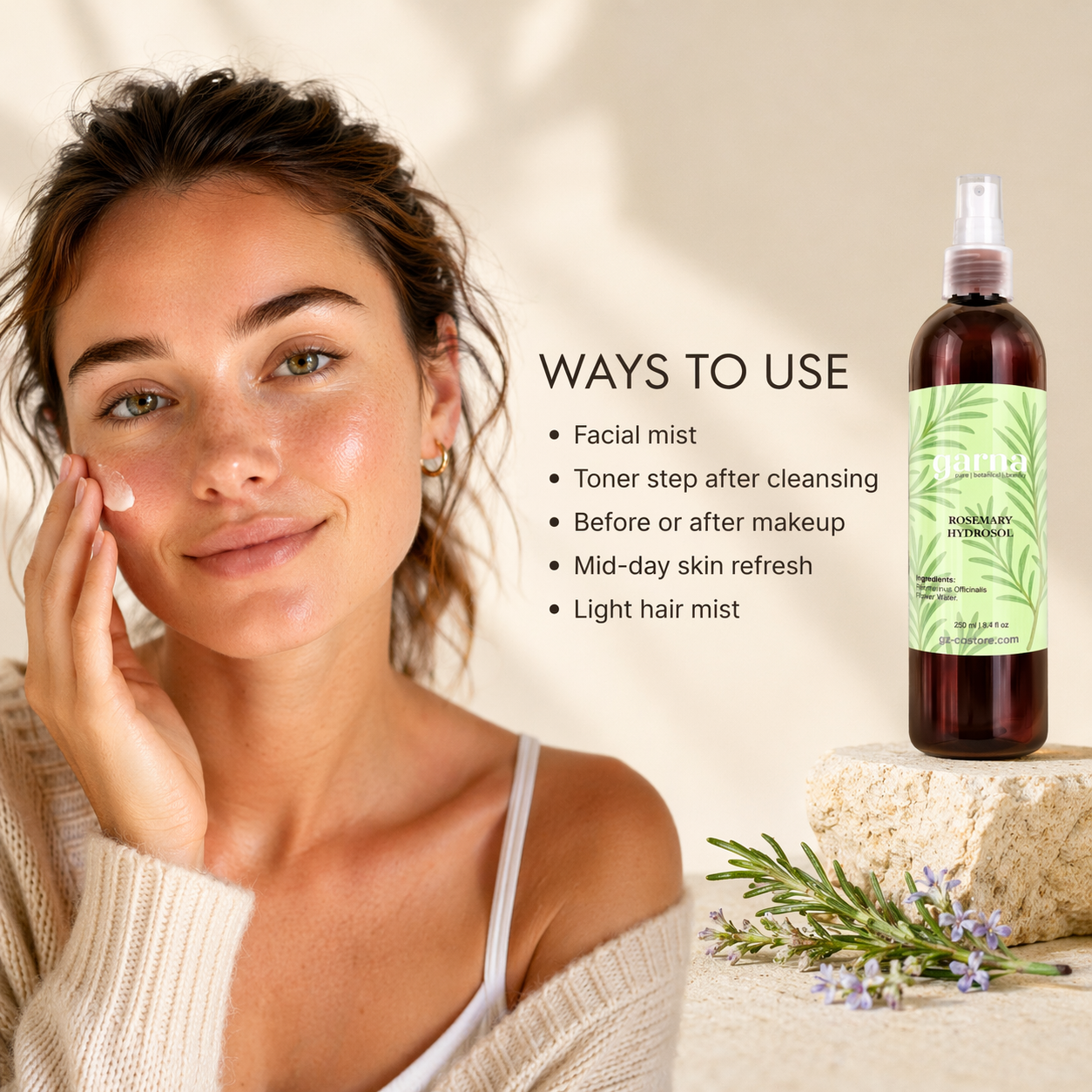 Brume d'hydrolat de romarin de Garna – brume botanique légère pour le visage et les cheveux